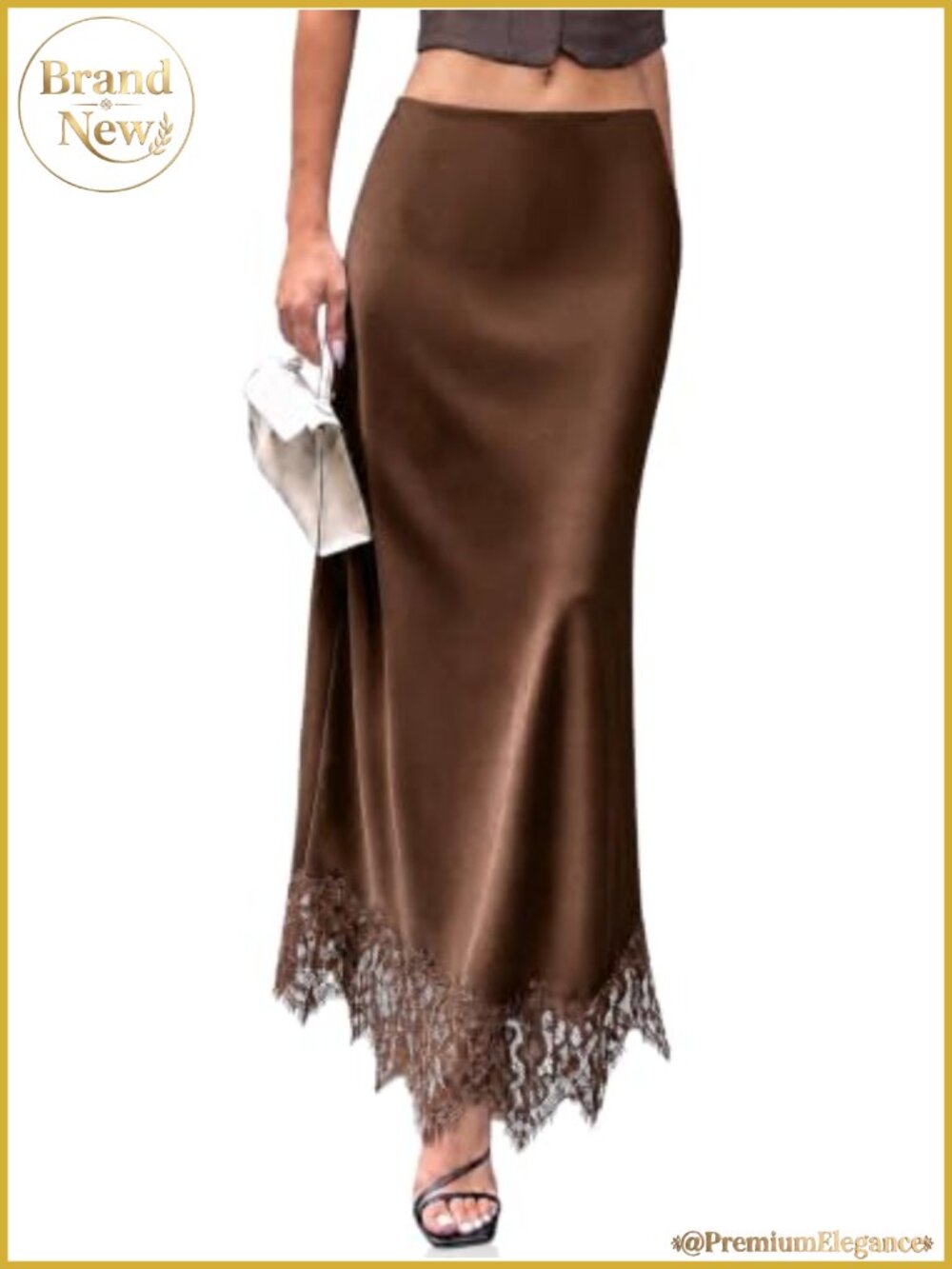 Satin Maxi Skirt High Waisted A-Line Lace Hem Flowy Silk